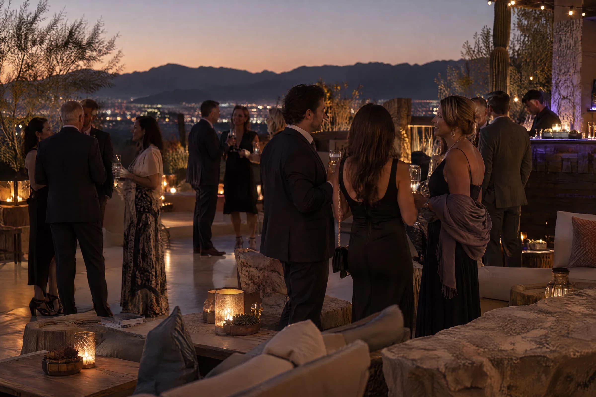 Guests talking on an evening terrace above the lights of the Las Vegas valley.
