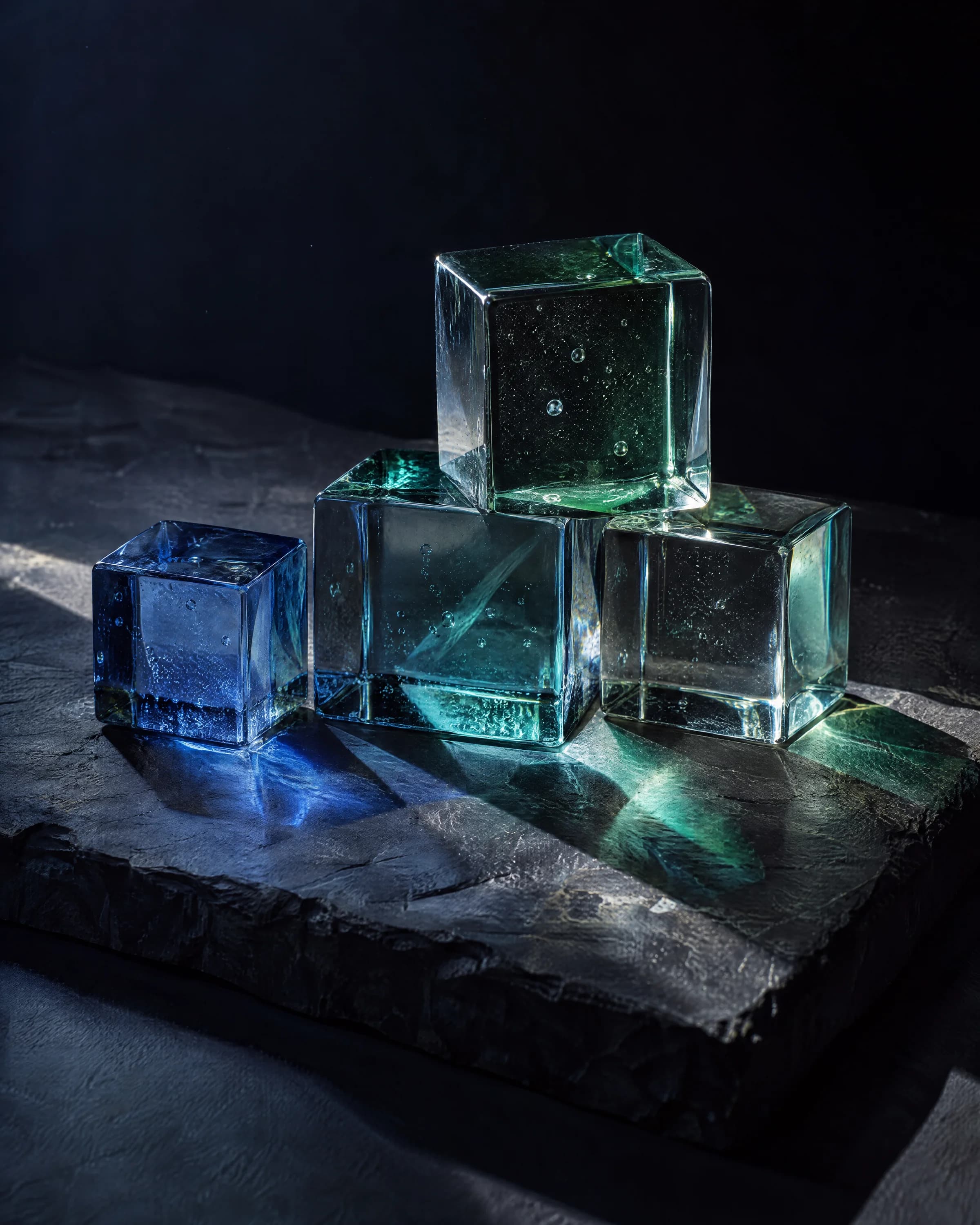 Stacked glass blocks on dark slate, refracting blue and green light.
